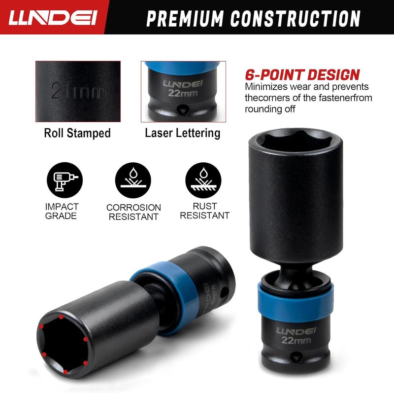 LLNDEI 3/8" Drive Swivel Socket Set, 19PCS Deep Universal Impact Socket Set, Metric(8mm-22mm) Premiun Wobble Socket Set, CR-MO Steel,3"& 6" Extension Bar, Ad - Image 3